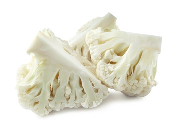 Cut fresh raw cauliflower on white background