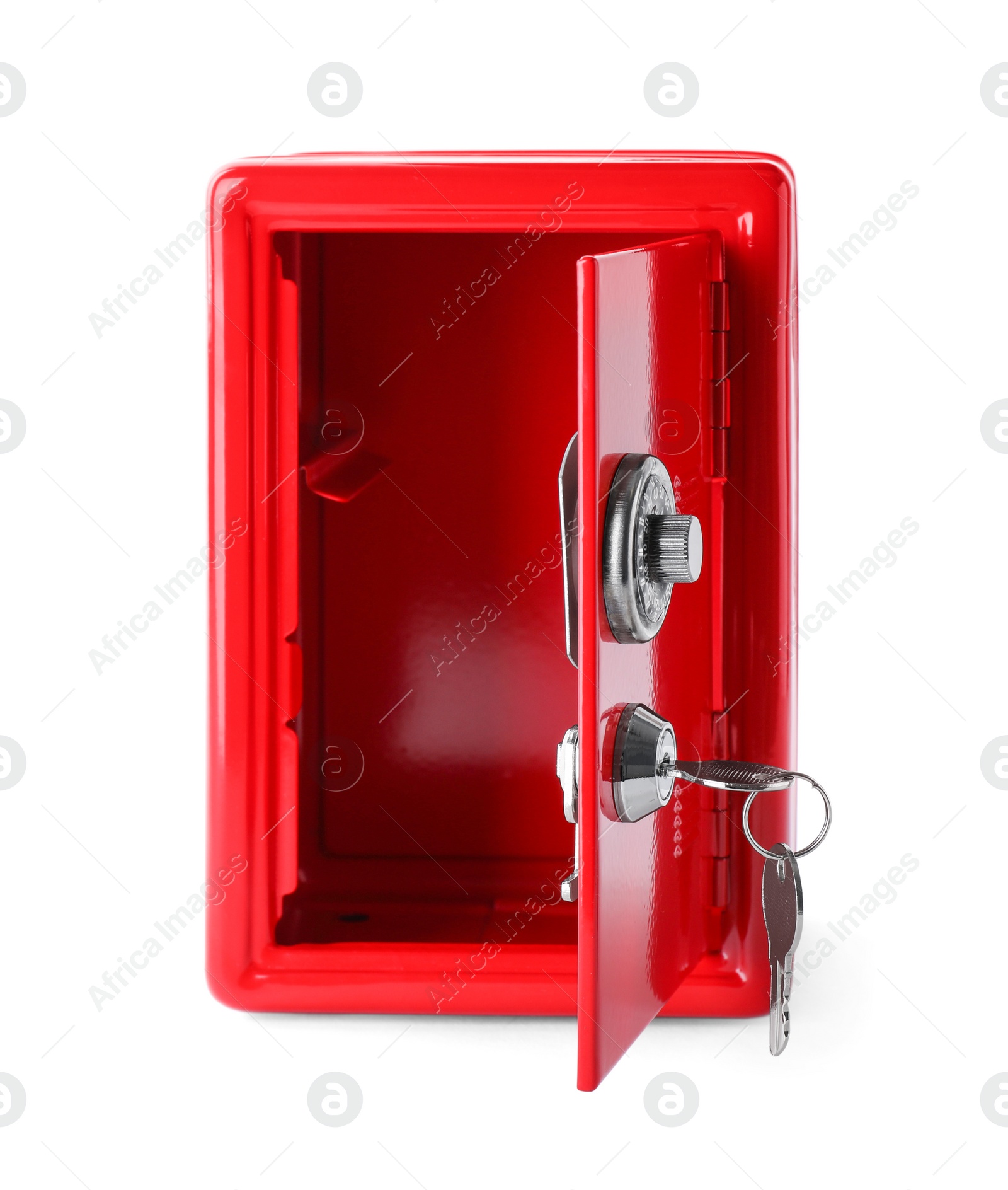 Photo of Open red steel with keys safe isolated on white