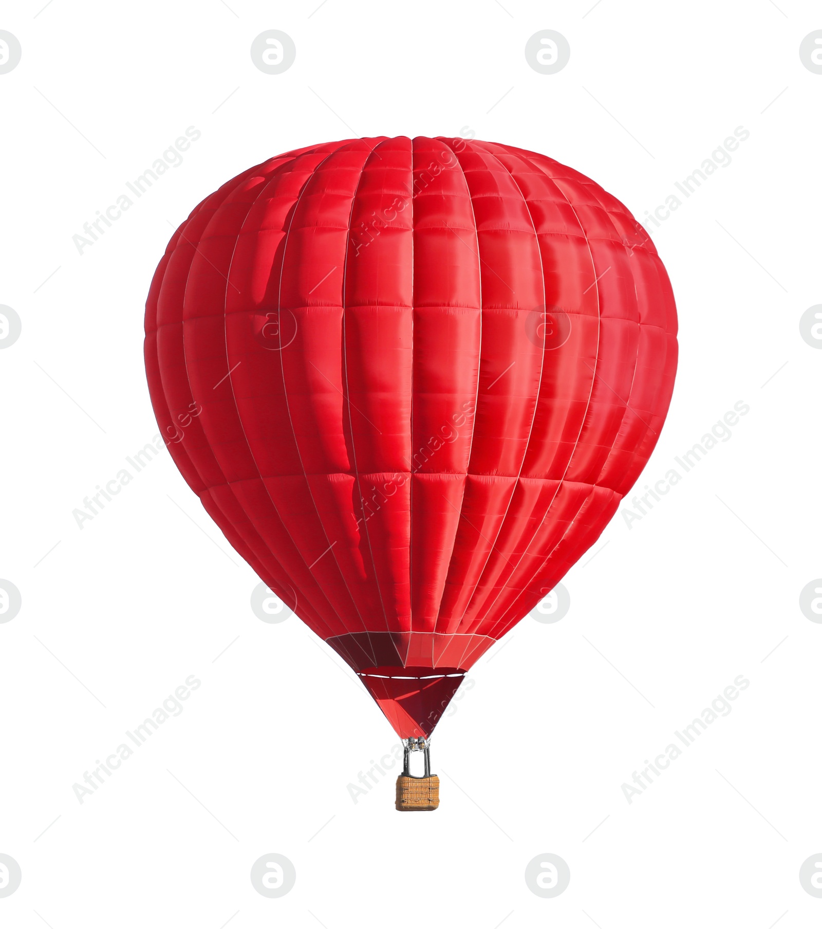 Image of Bright hot-air balloon with wicker basket on white background