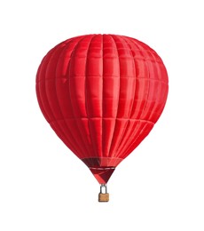 Image of Bright hot-air balloon with wicker basket on white background