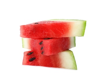 Photo of Slices of ripe watermelon on white background