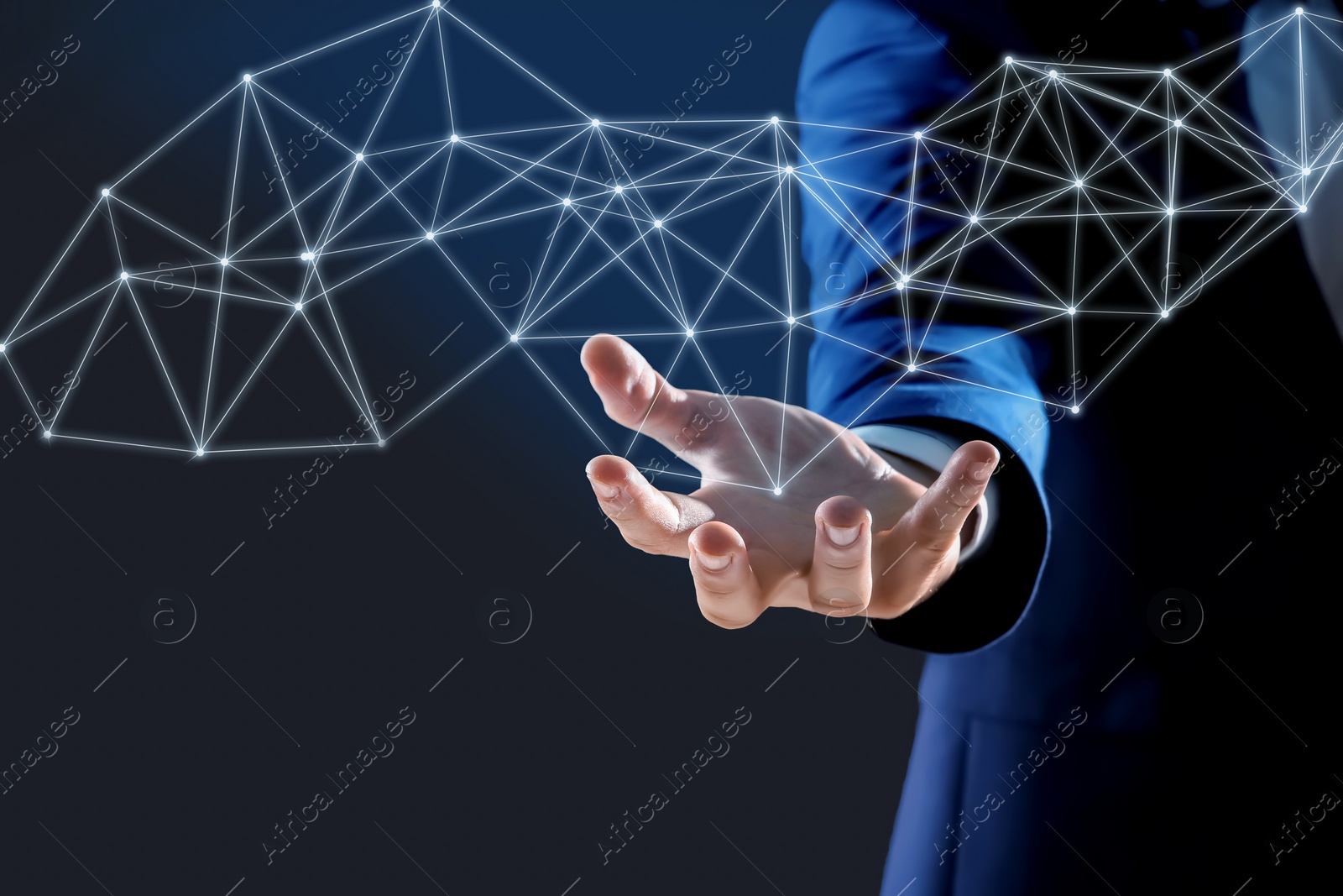 Image of Man and image of virtual connection lines presenting innovation network linkage on dark background