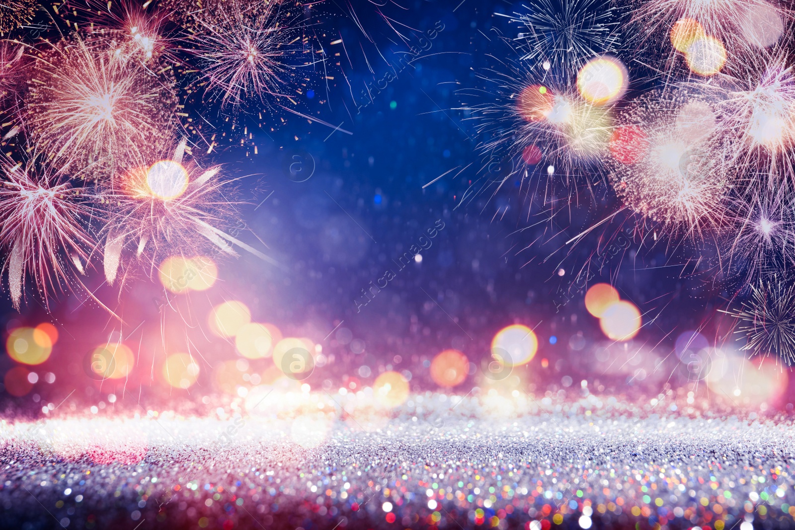 Image of 4th of July - Independence Day of USA. Festive background with fireworks and glitters, bokeh effect