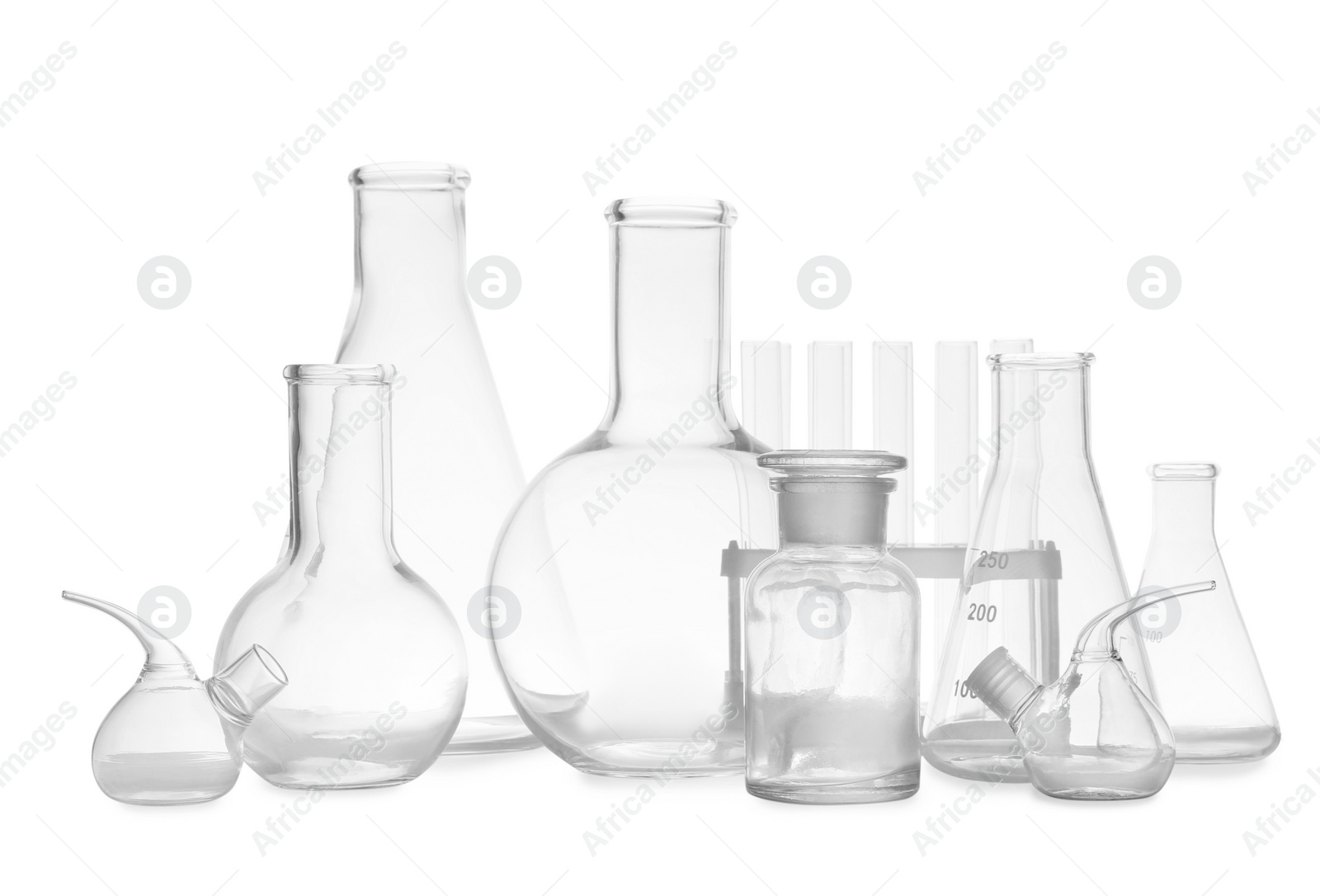 Photo of Set of empty laboratory glassware on white background