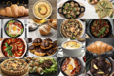 Different tasty French dishes. Collage with ratatouille, onion soup, quiche, desserts and others