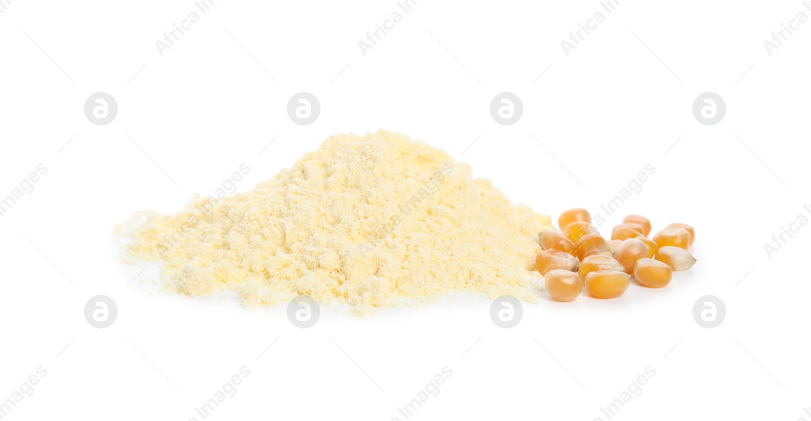 Photo of Pile of corn flour and seeds isolated on white