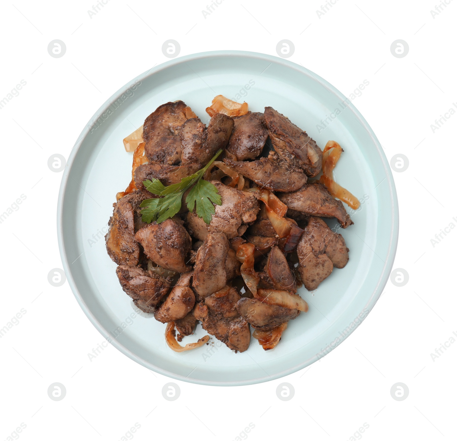 Photo of Tasty fried chicken liver with onion and parsley isolated on white, top view