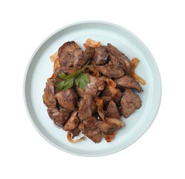 Tasty fried chicken liver with onion and parsley isolated on white, top view