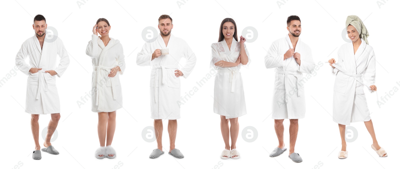 Image of People wearing bathrobes on white background, collage. Banner design