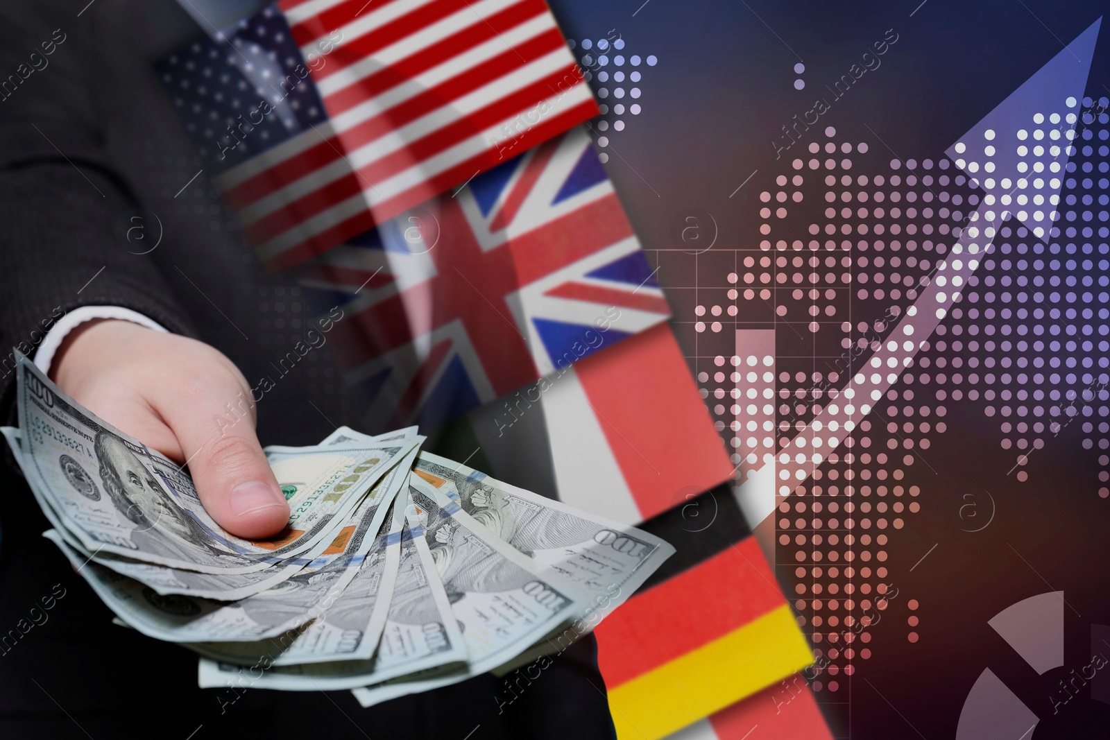 Image of Foreign exchange market. Double exposure of man holding money, digital currency charts and flags of different countries, closeup