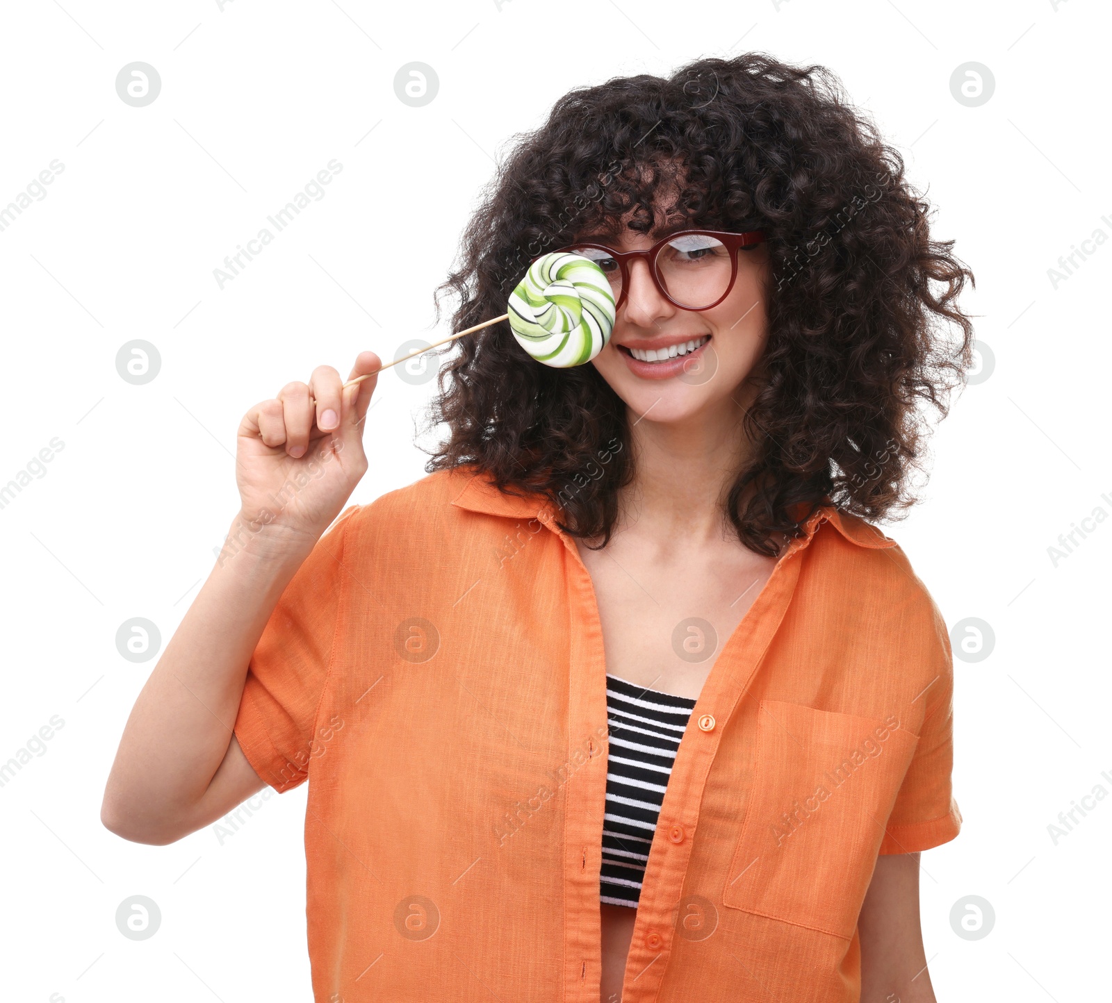 Photo of Beautiful woman with lollipop on white background