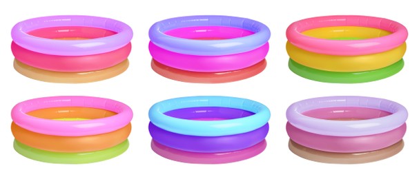 Image of Set with different colorful inflatable rubber pools on white background. Banner design