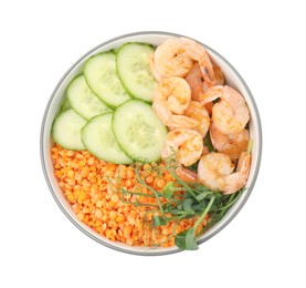 Photo of Delicious lentil bowl with shrimps and cucumber on white background, top view