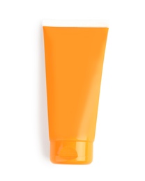 Photo of Tube with sun protection body cream on white background