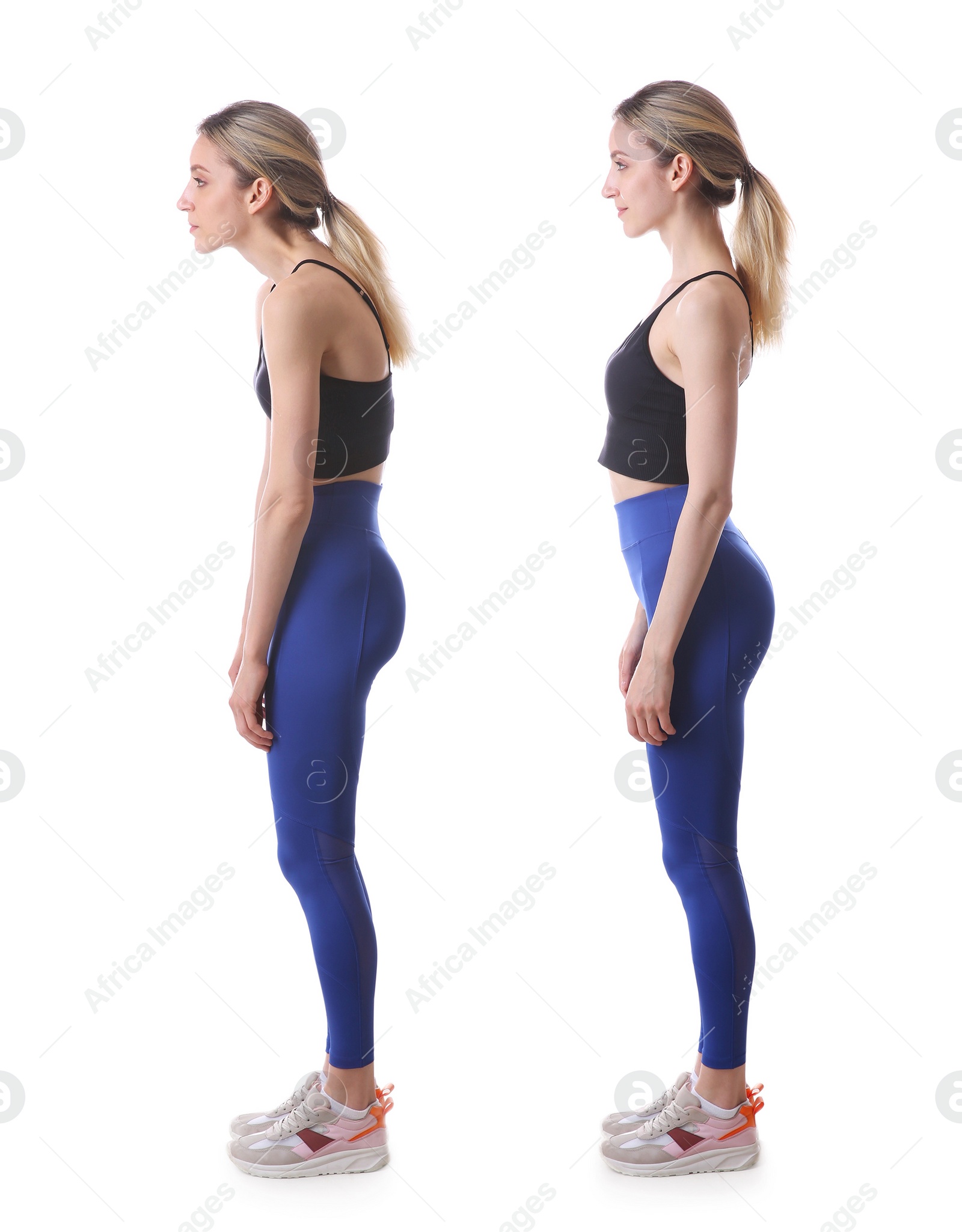 Image of Collage with photos of young woman with poor and good posture on white background