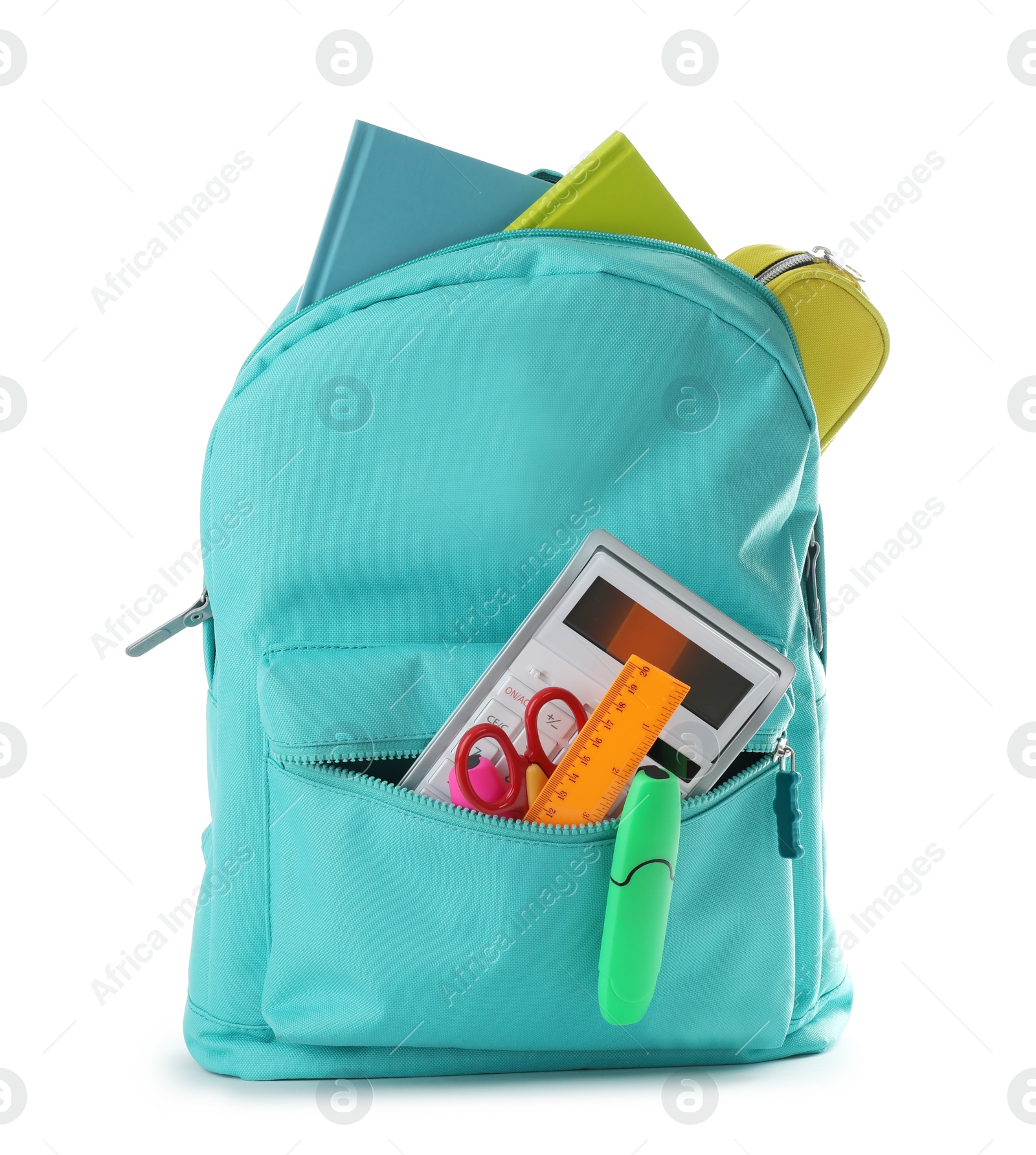 Photo of Bright backpack with school stationery isolated on white