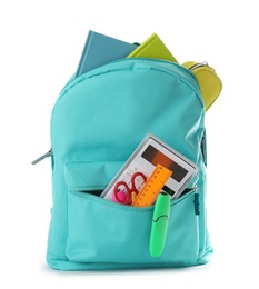 Photo of Bright backpack with school stationery isolated on white