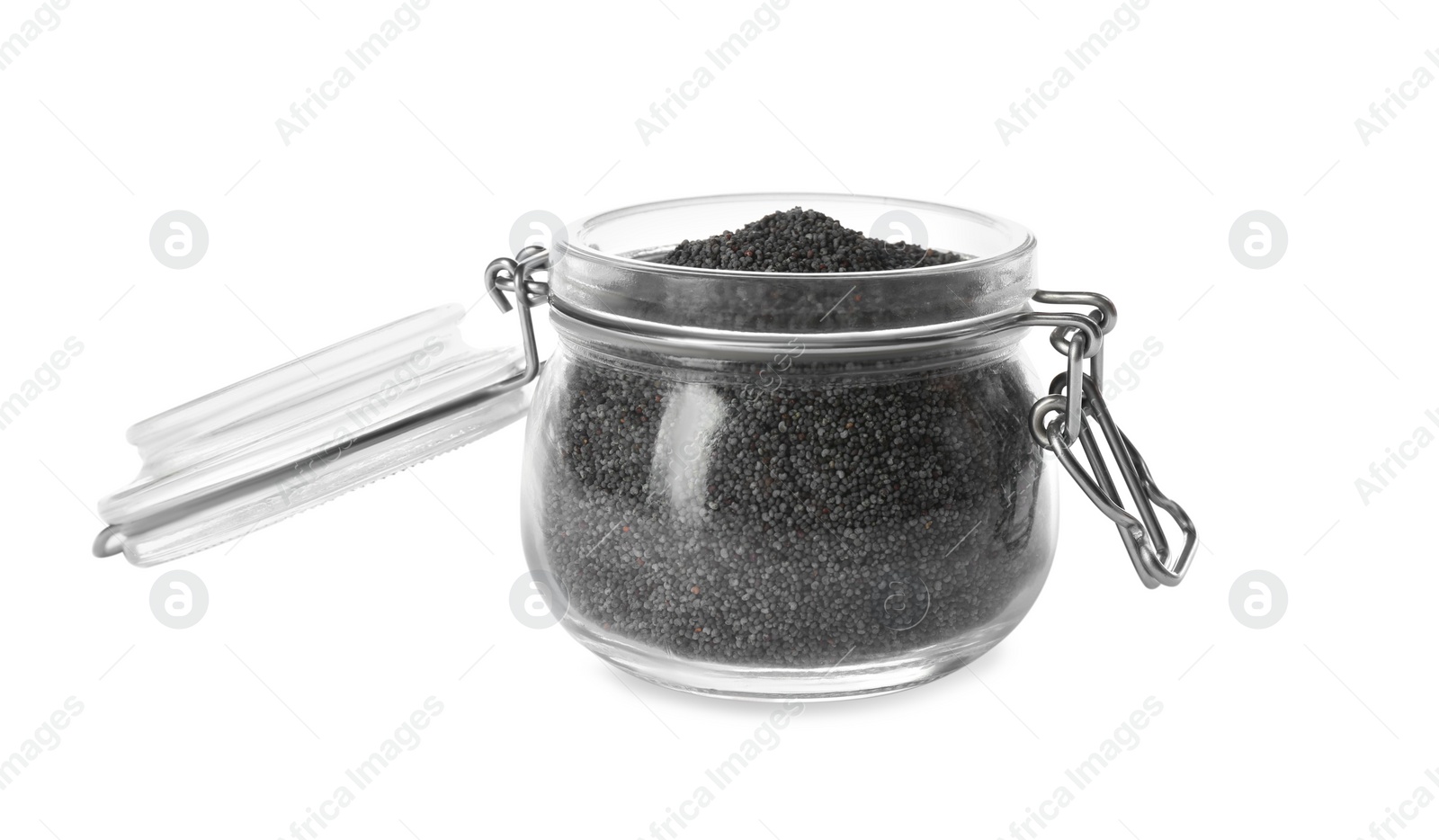 Photo of Poppy seeds in jar isolated on white
