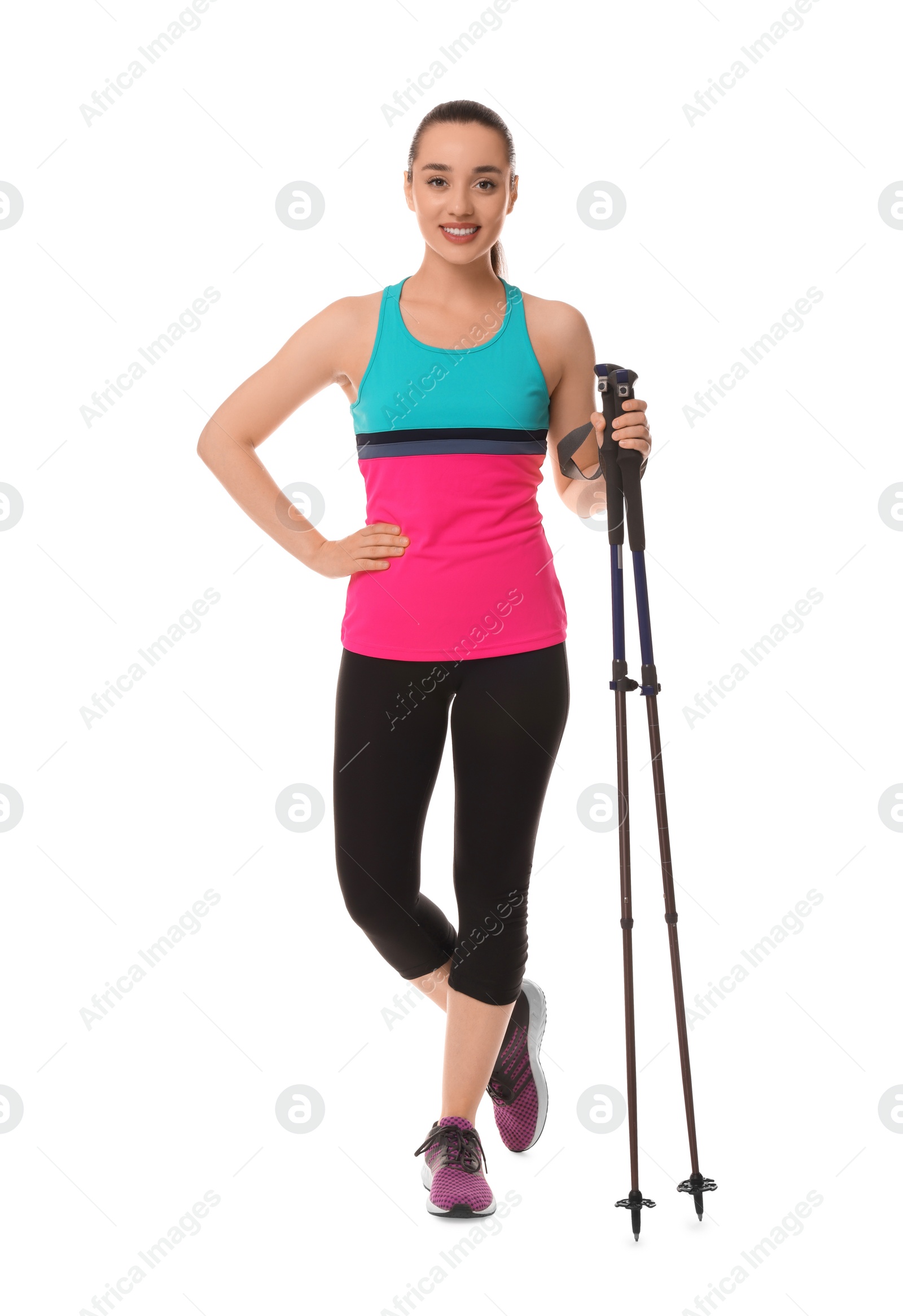 Photo of Woman with poles for Nordic walking isolated on white