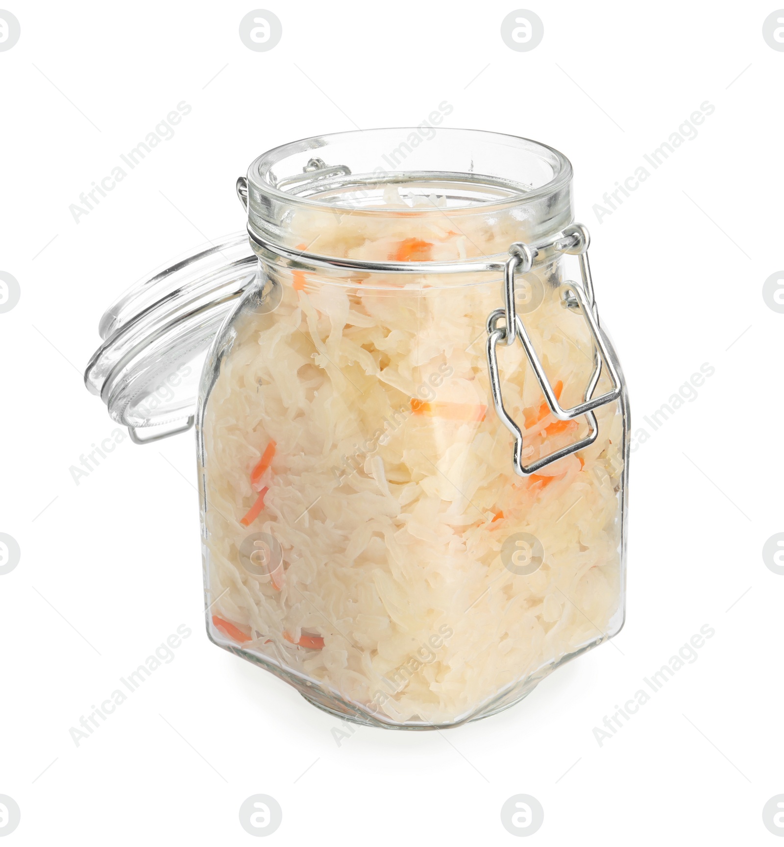 Photo of Glass jar of tasty fermented cabbage with carrot on white background