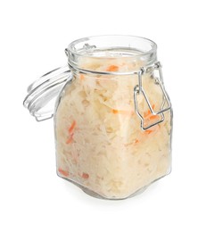 Photo of Glass jar of tasty fermented cabbage with carrot on white background