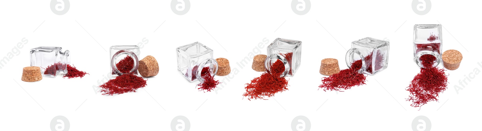 Image of Aromatic saffron and glass jars isolated on white, set