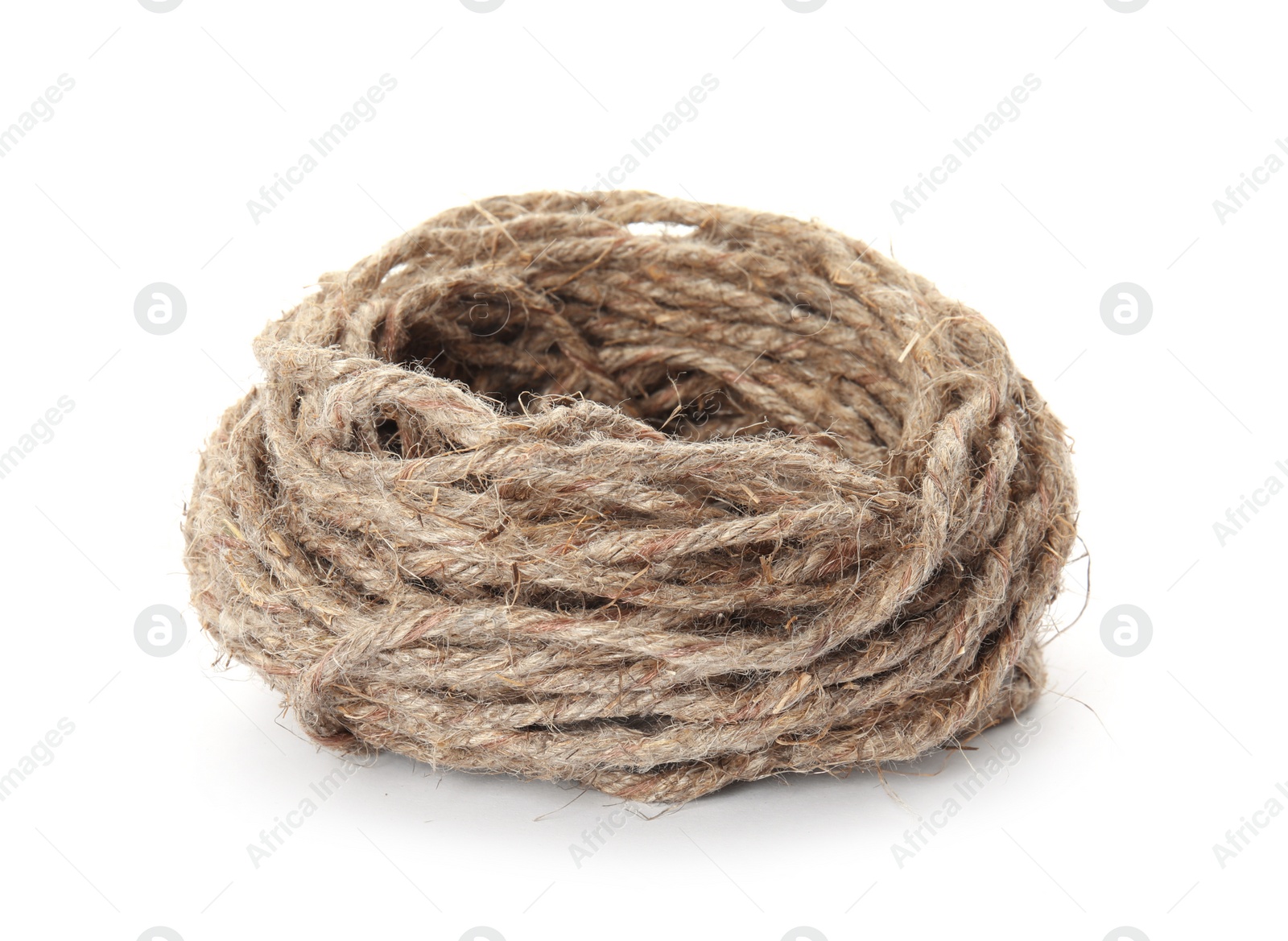 Photo of Hemp rope on white background. Organic material