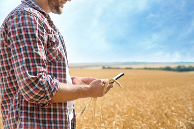 Photo of Young man with smartphone in grain field. Cereal farming