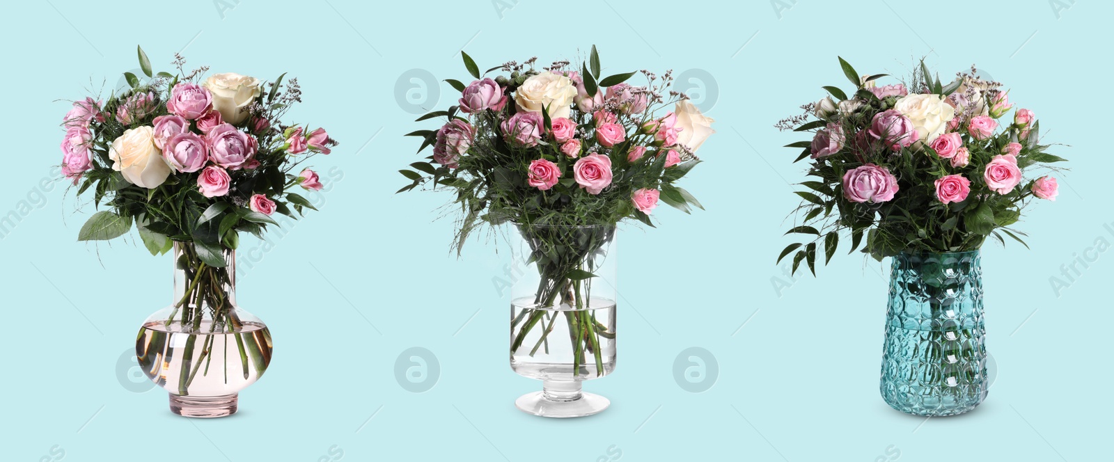 Image of Collage of stylish vases with beautiful bouquets on turquoise background. Banner design