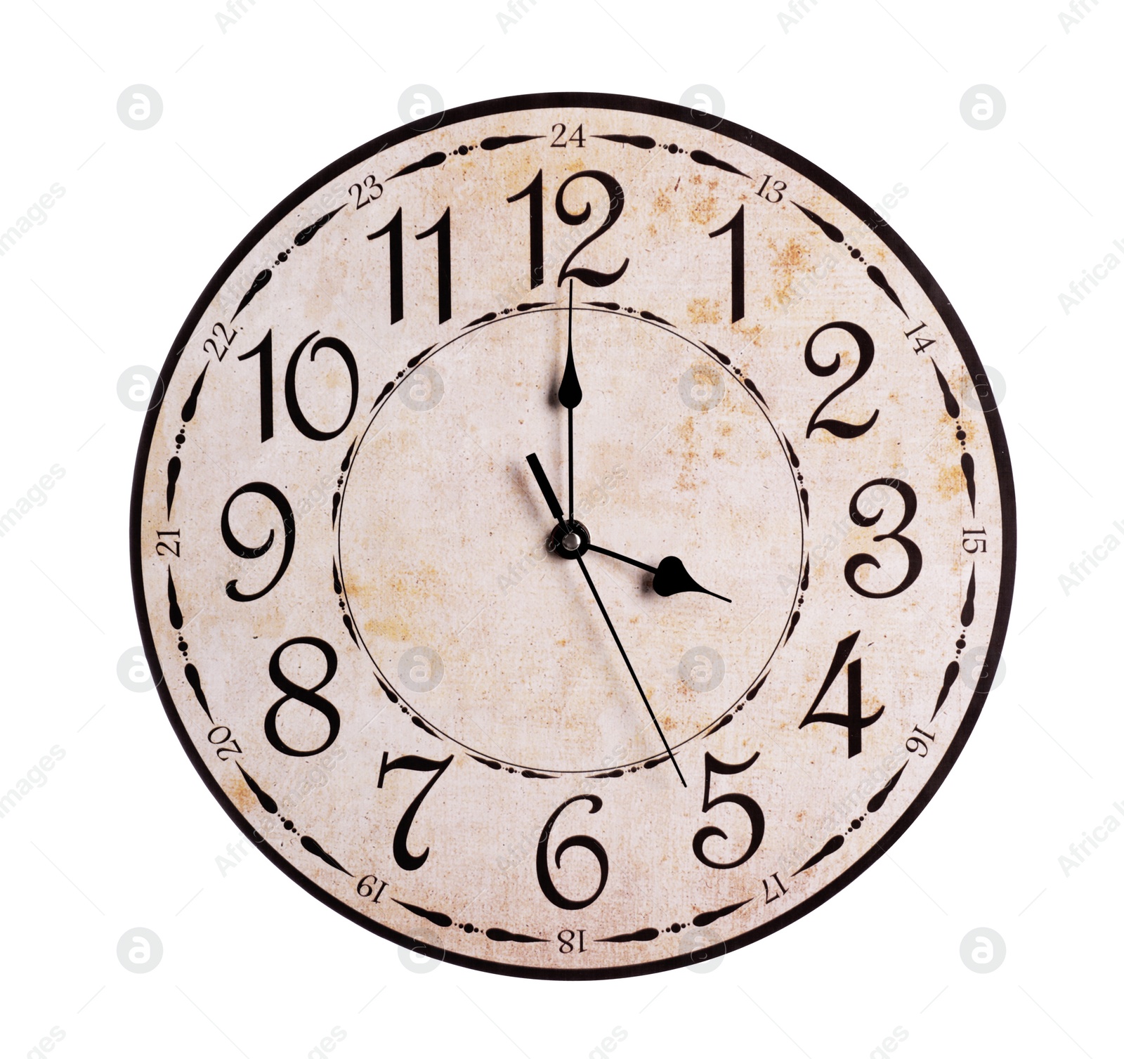 Photo of Stylish round clock isolated on white. Interior element