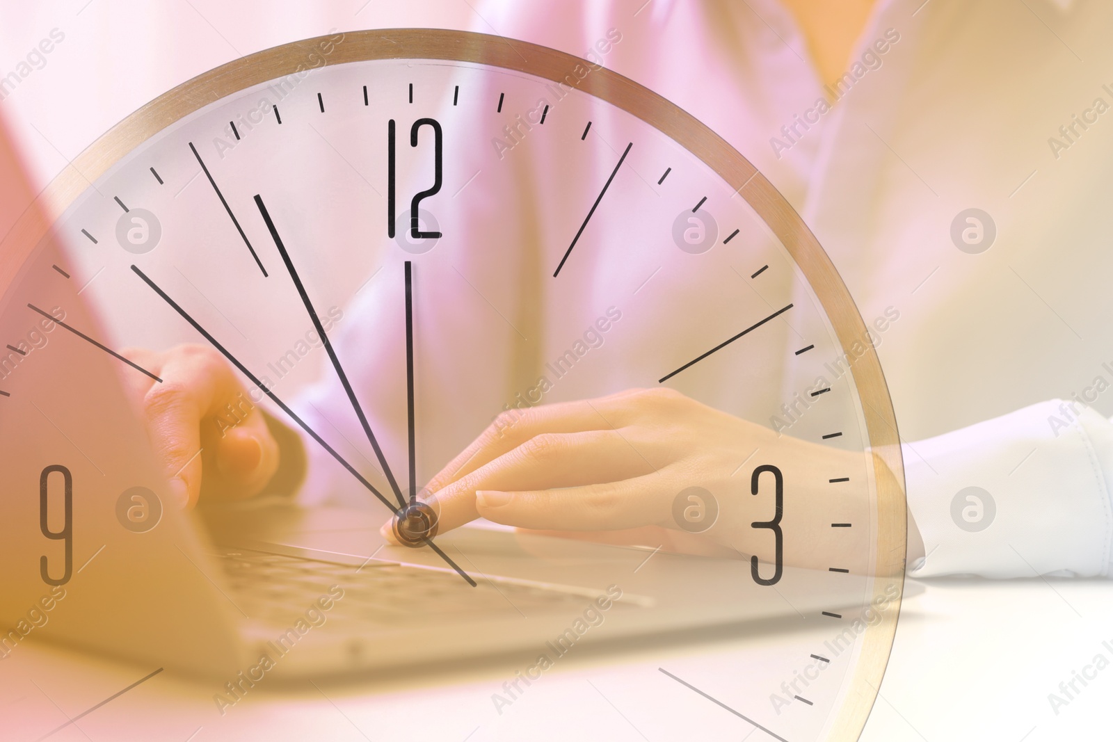 Image of Woman and clock, double exposure. Time concept