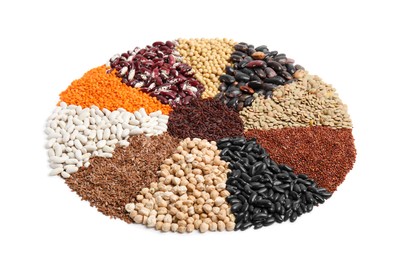 Photo of Various raw veggie seeds on white background