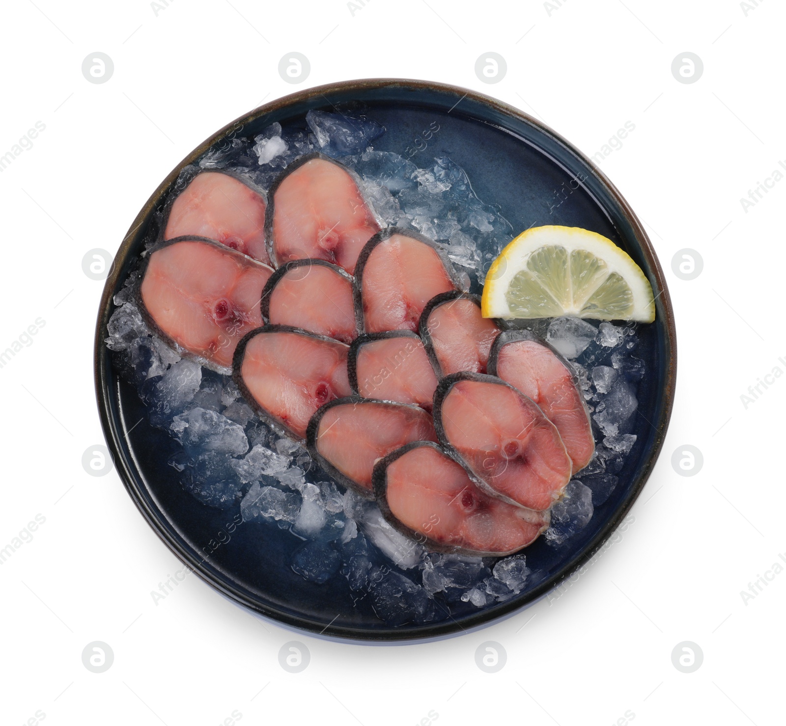 Photo of Mackerel slices, ice cubes and lemon isolated on white, top view. Fish delicacy