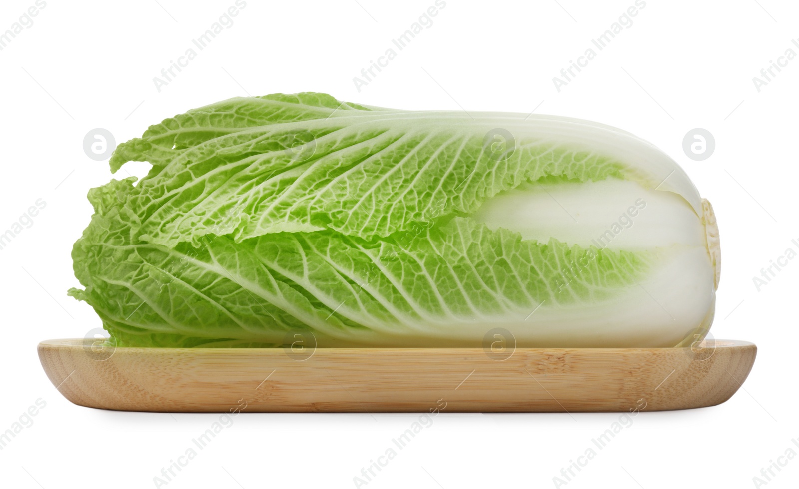 Photo of Fresh tasty Chinese cabbage and wooden board isolated on white