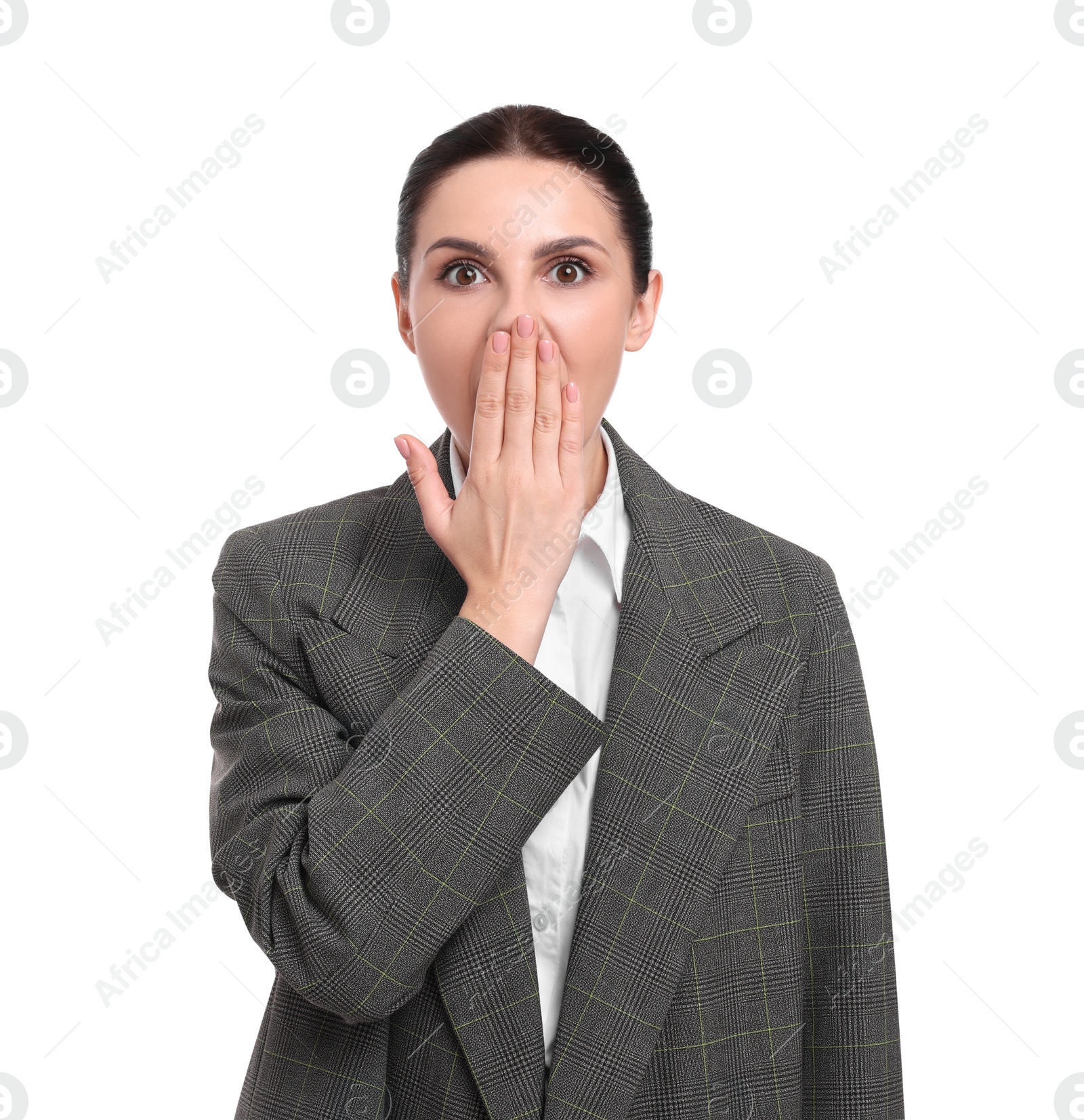 Photo of Beautiful emotional businesswoman in suit on white background