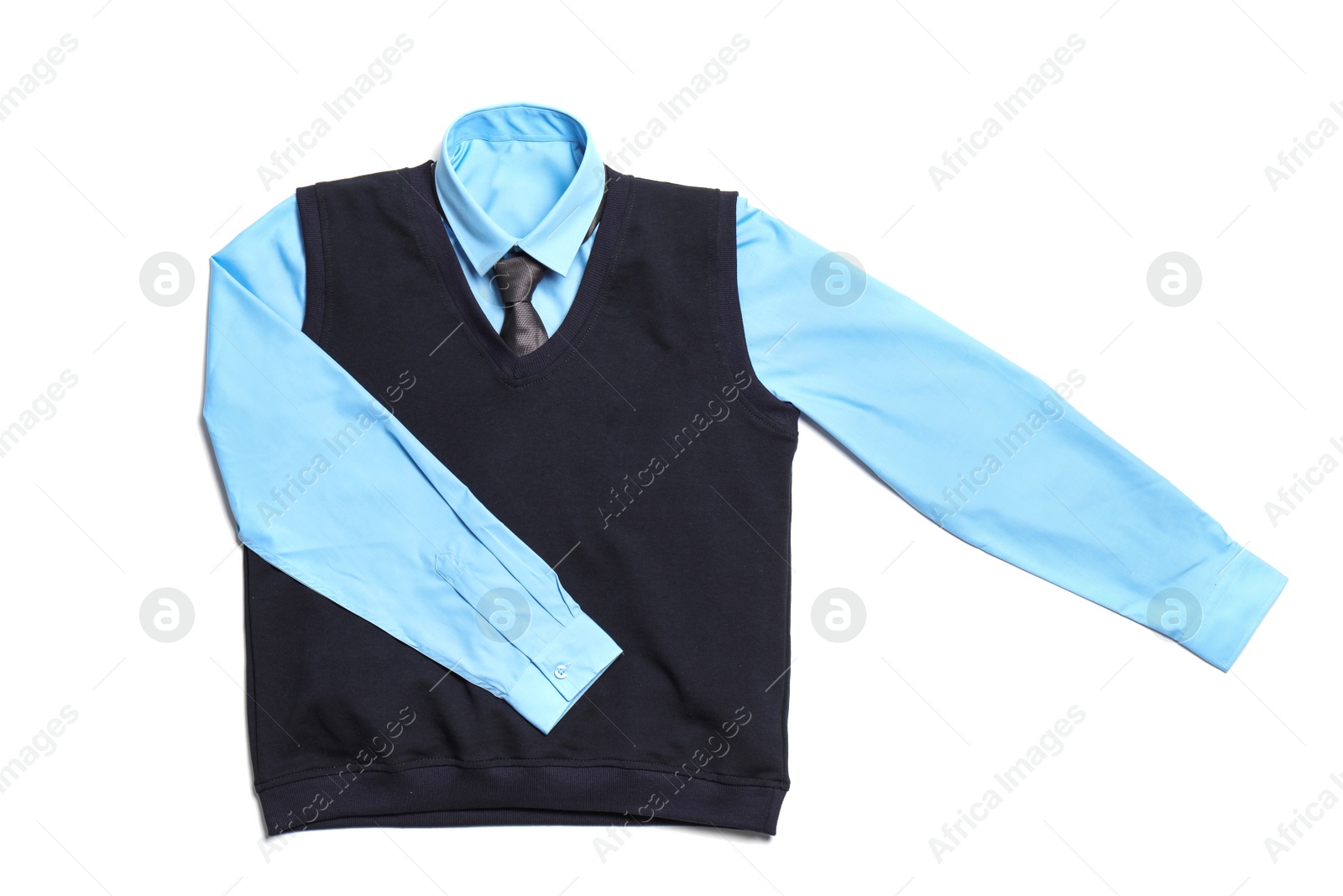 Photo of School uniform for boy on white background, top view