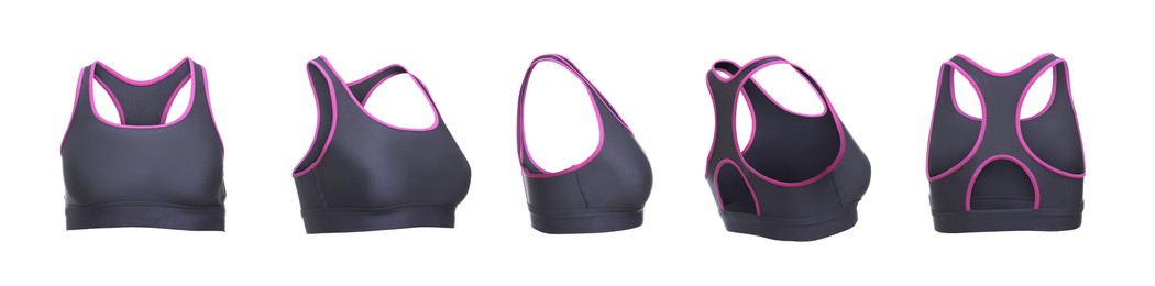 Image of Comfortable sportswear. Collage with sports bra on white background, different sides
