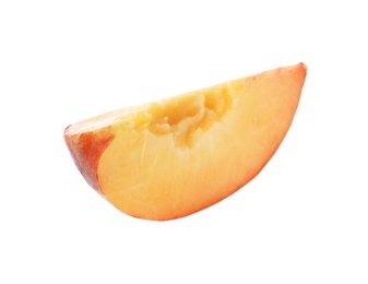 Photo of Slice of sweet juicy peach on white background