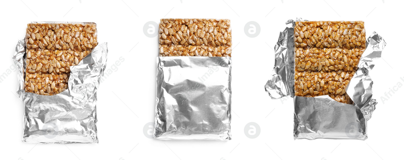 Image of Set with tasty sweet kozinaki on white background,top view. Banner design