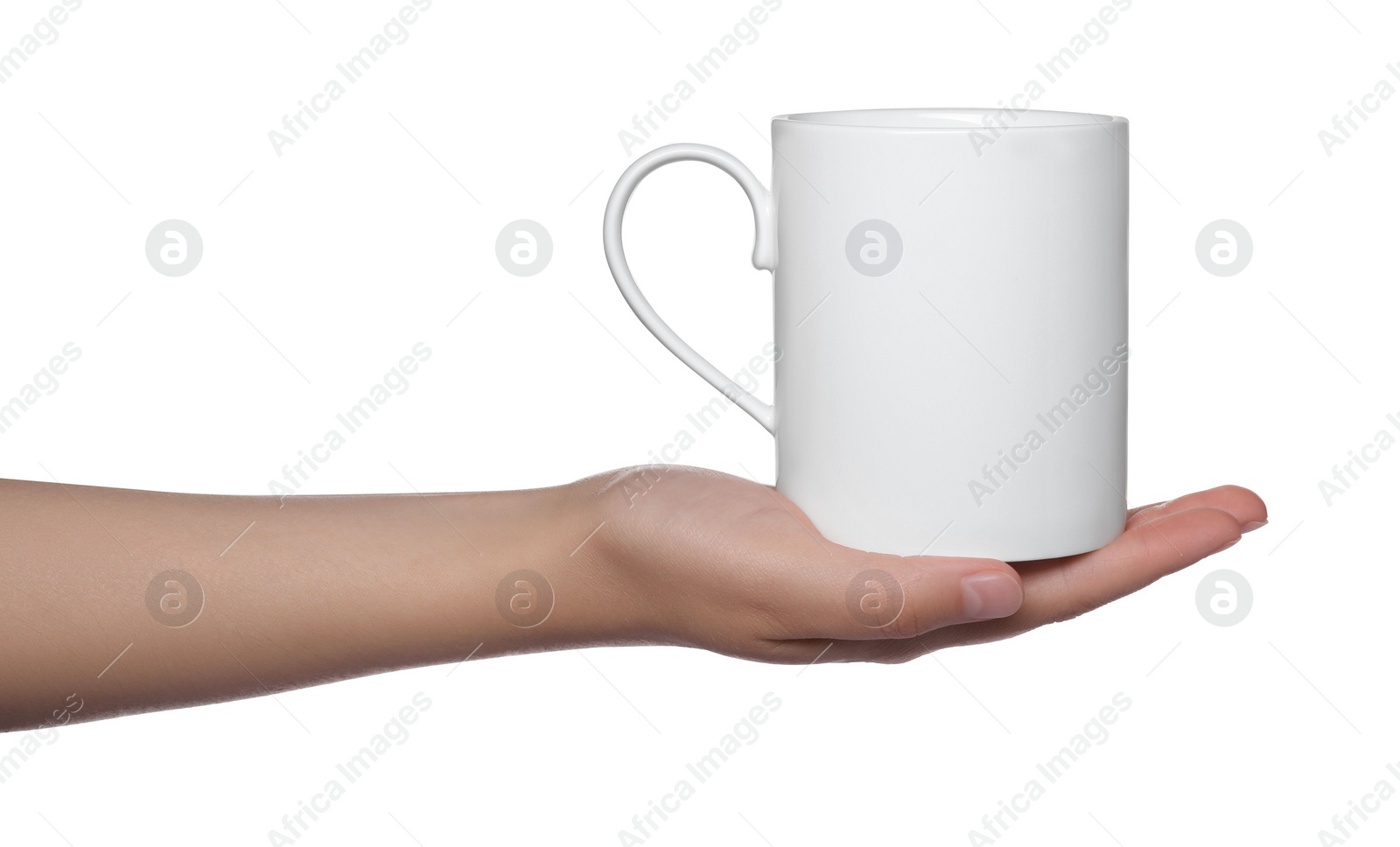 Photo of Woman holding mug on white background, closeup