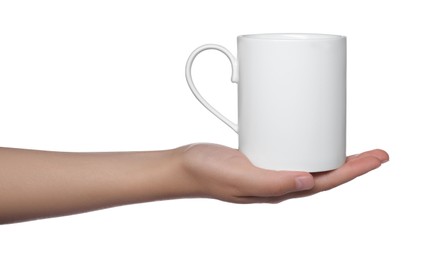 Photo of Woman holding mug on white background, closeup