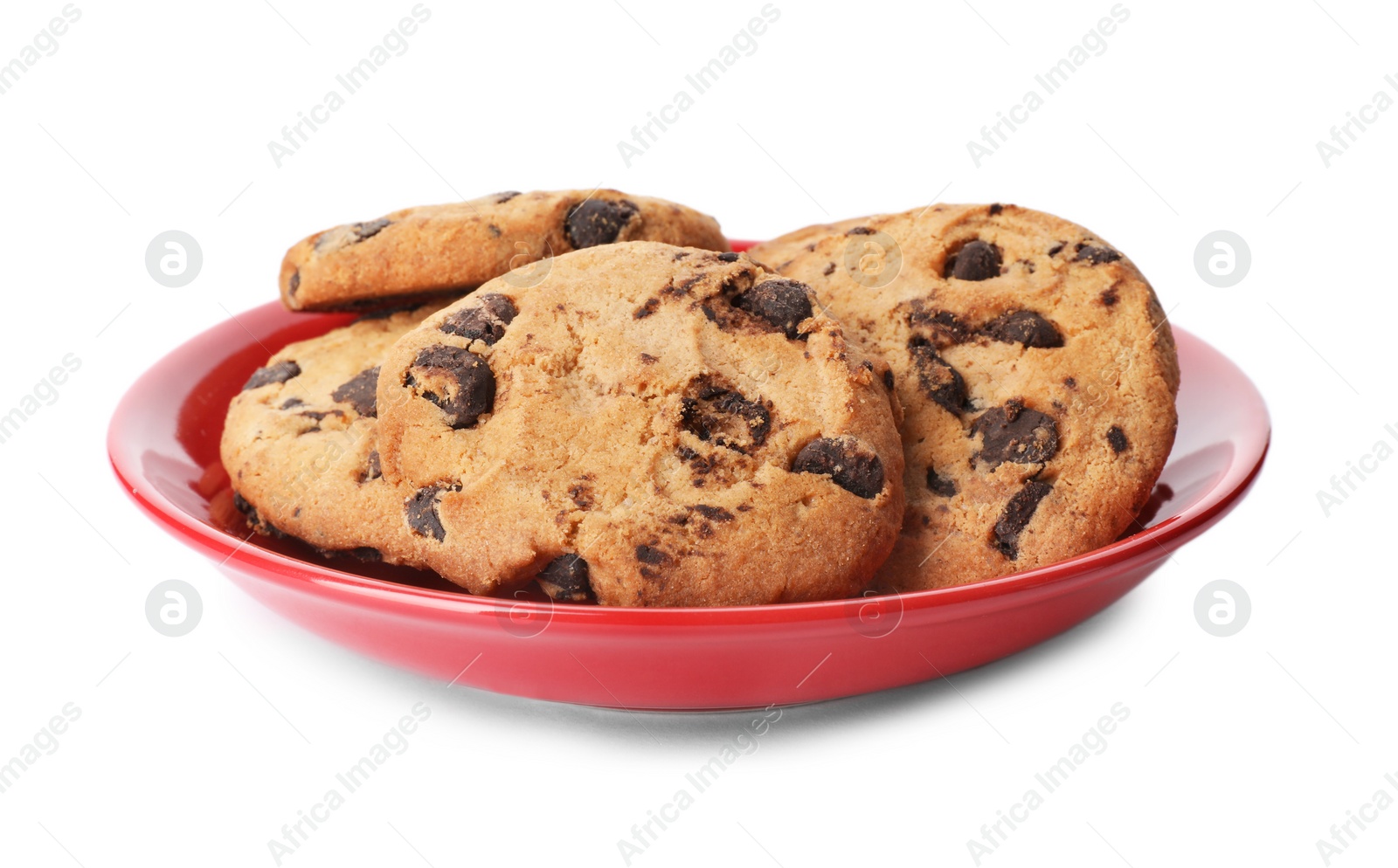 Photo of Plate with chocolate chip cookies on white background