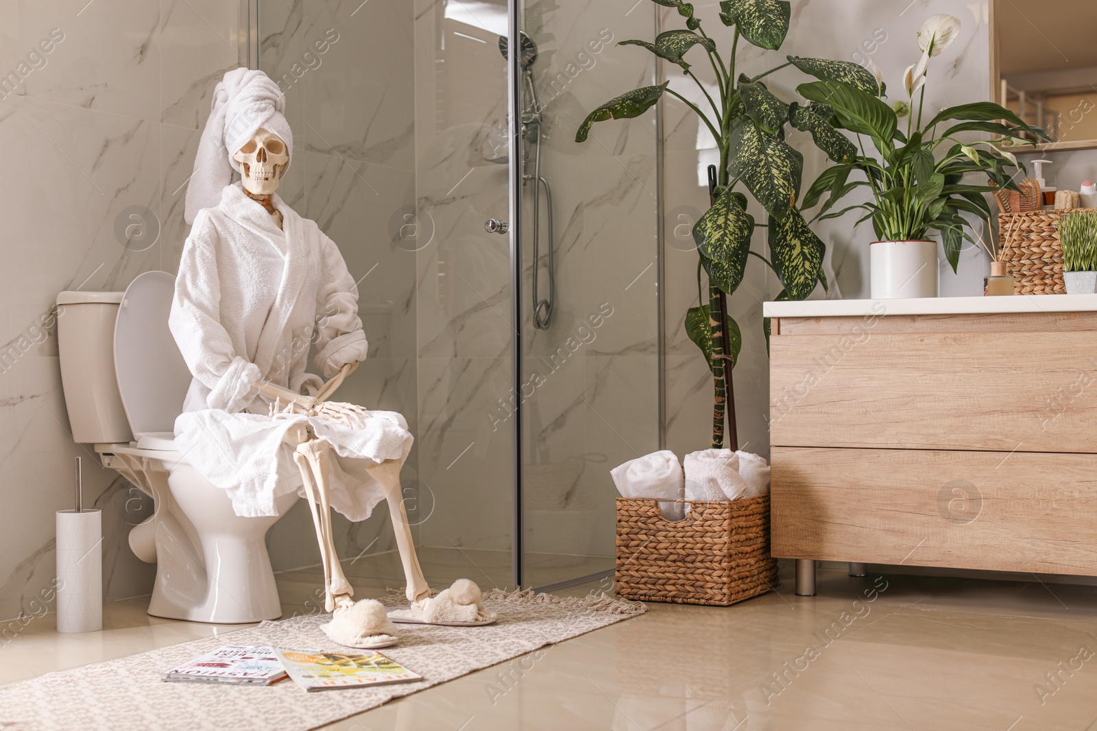 Photo of Skeleton in bathrobe sitting on toilet bowl