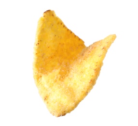 Photo of Tasty Mexican nacho chip on white background