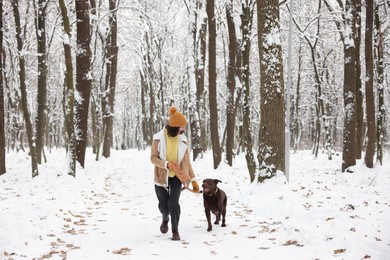 Photo of Woman with adorable Labrador Retriever dog running in snowy park