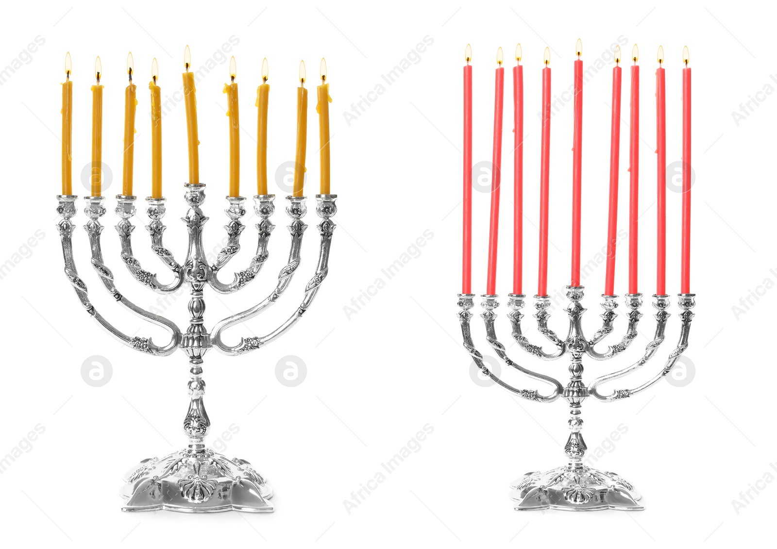 Image of Silver menorahs with burning candles on white background. Hanukkah celebration