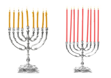 Silver menorahs with burning candles on white background. Hanukkah celebration