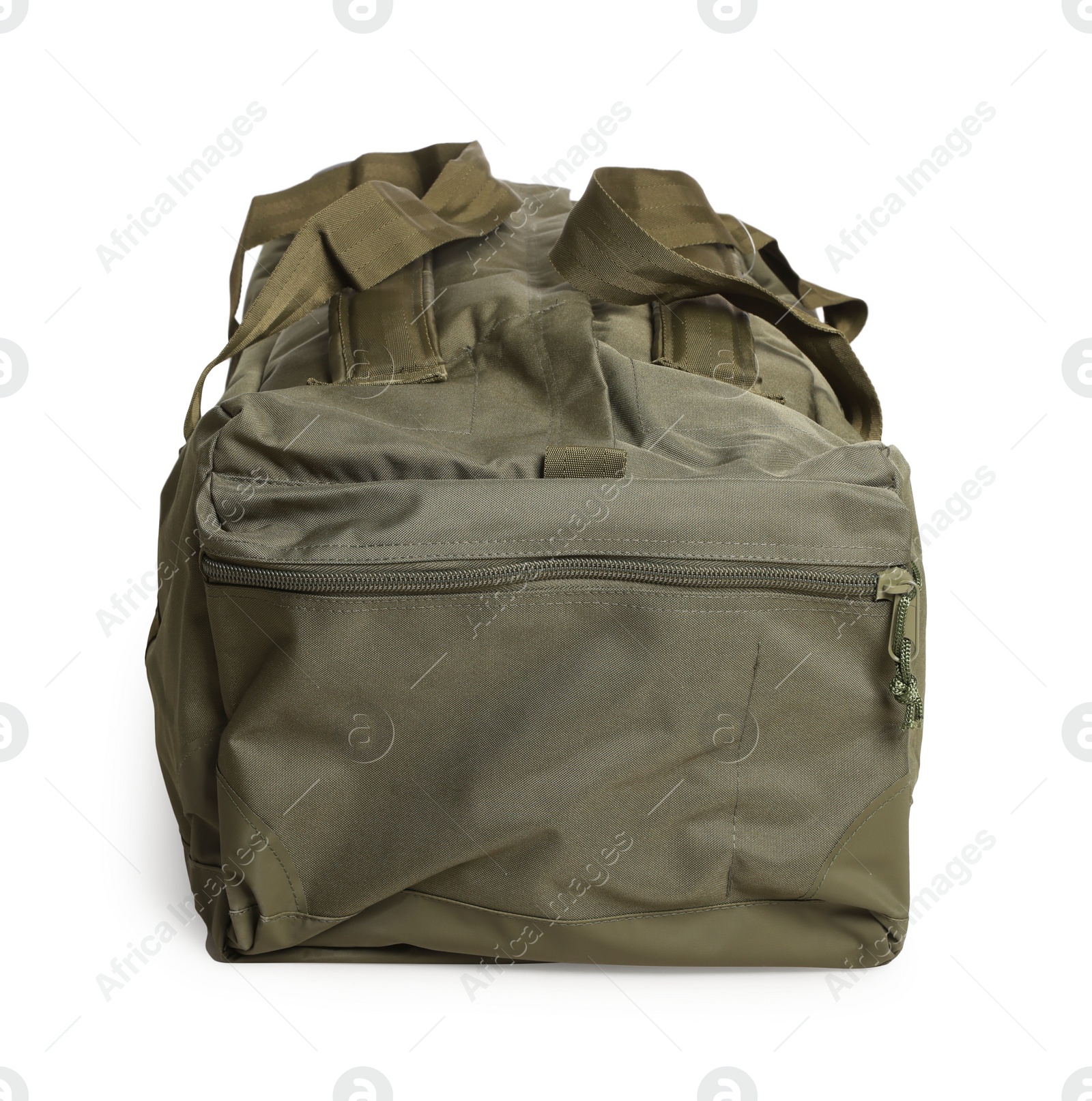 Photo of Army duffle bag isolated on white. Military equipment