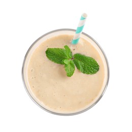 Photo of Glass with banana smoothie on white background, top view