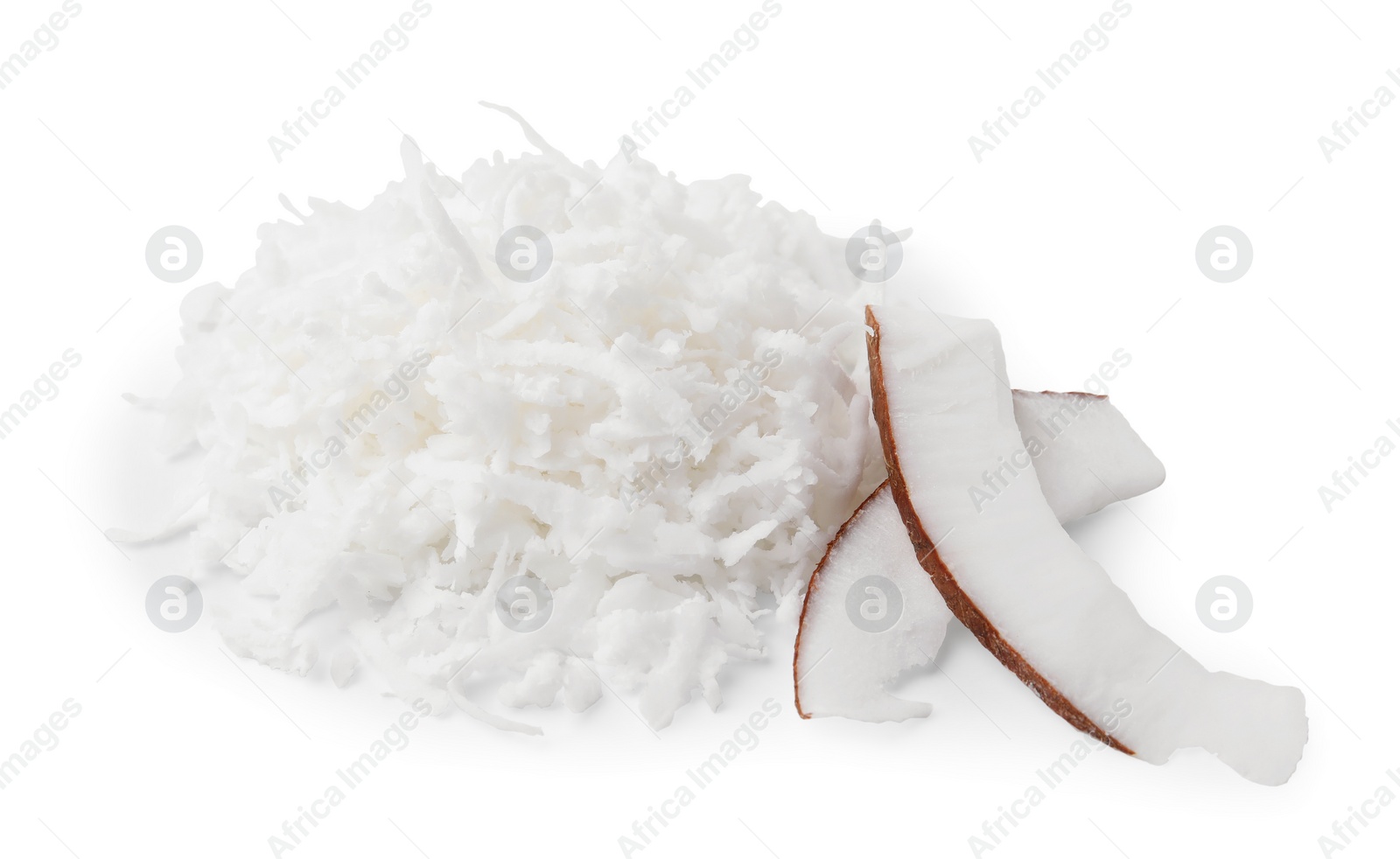 Photo of Pile of coconut flakes isolated on white